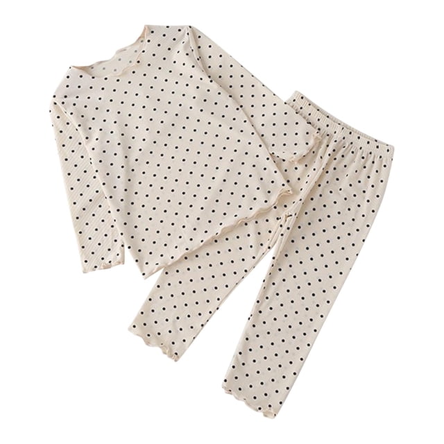 Odeerbi 2-12 Años Niños Niñas Seda Hielo Pijamas Lechuga Recorte Manga Larga Tops Pantalones Dos Piezas Conjunto Pijama Casa Polka