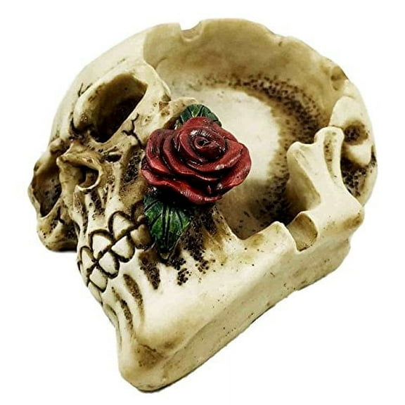 Ghastly Romantic Red Rose Skull Cigaretter Ashtray Resin Figurine Skeleton