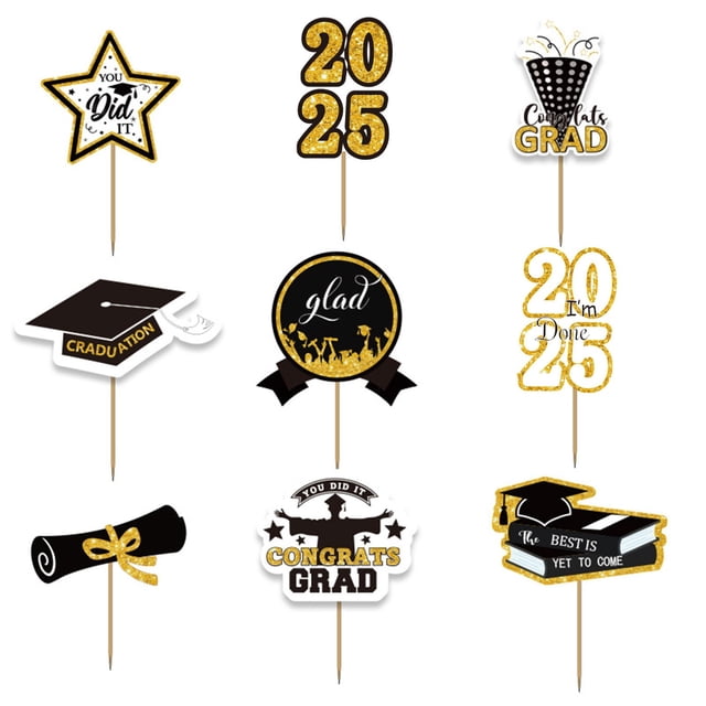 Graduation Ornaments 2025 Graduation Party Essentials Festive & Versatile Grad Centerpiece Sticks Class of 2025 Decorations Black And Gold Table Topper Kindergarten College High School Celebrations