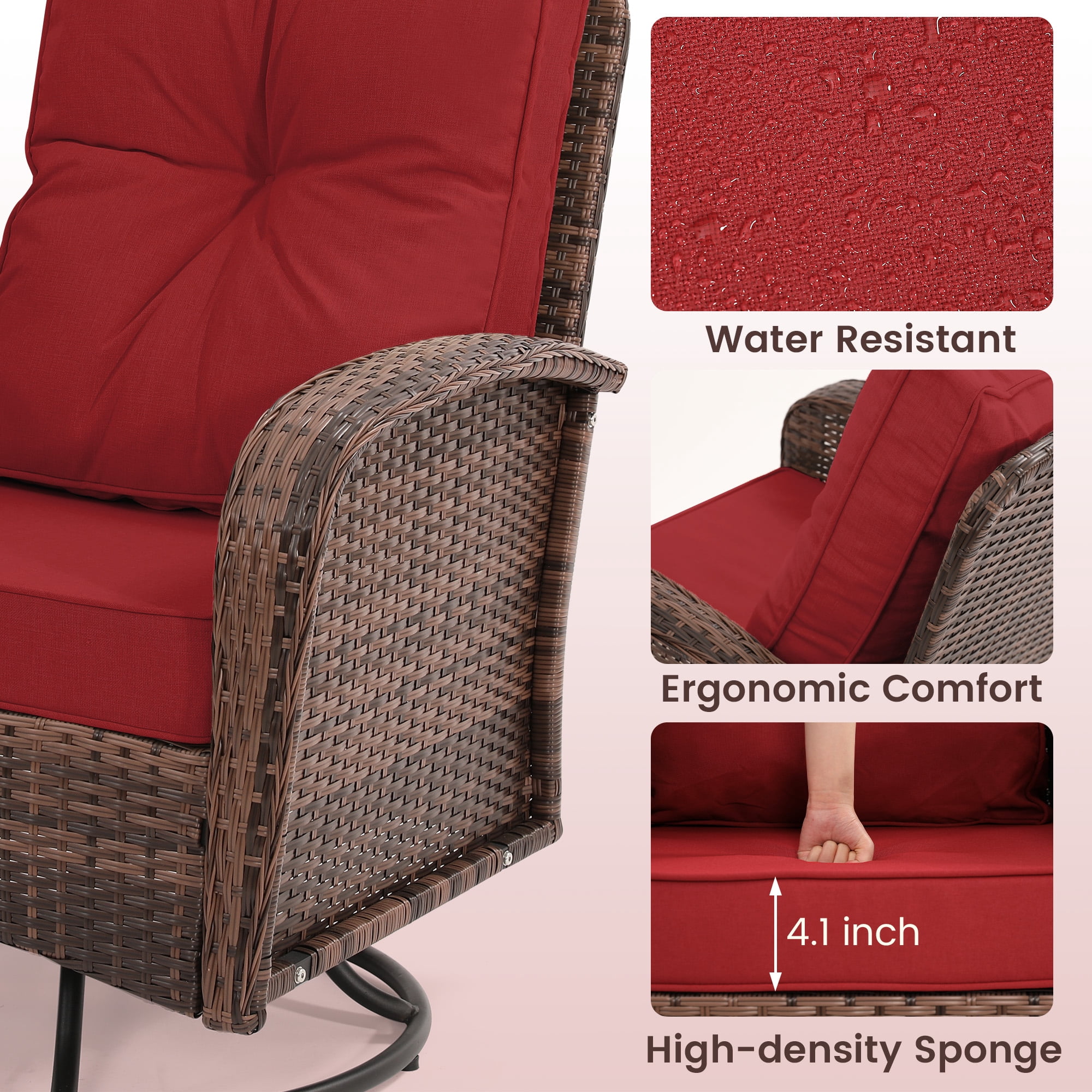 LOGYAT Outdoor Swivel Wicker Pulley Patio Chair with Washable Cushions, Two Chairs and a Tempered Glass Top Table, Ideal for Porches, Balconies, Decks, Brown Rattan， Red Cushion