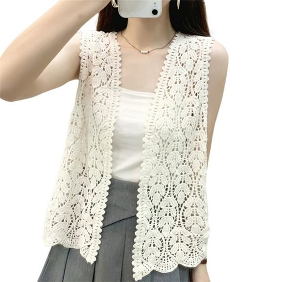 Women Sleeveless Crochet Flower Sweater Vests Waistcoat Hollowed Out Knitted Open Front Cardigans Outwear
