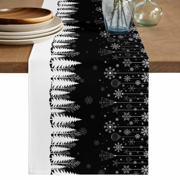 Christmas Snowflakes Table Runner 60 Inches, Xmas Balls Winter Pine Tree Black Bed Runner Dresser Scarves Tabletop for Indoor Outdoor Parties/Ceremony/Banquet, 13" x 60"