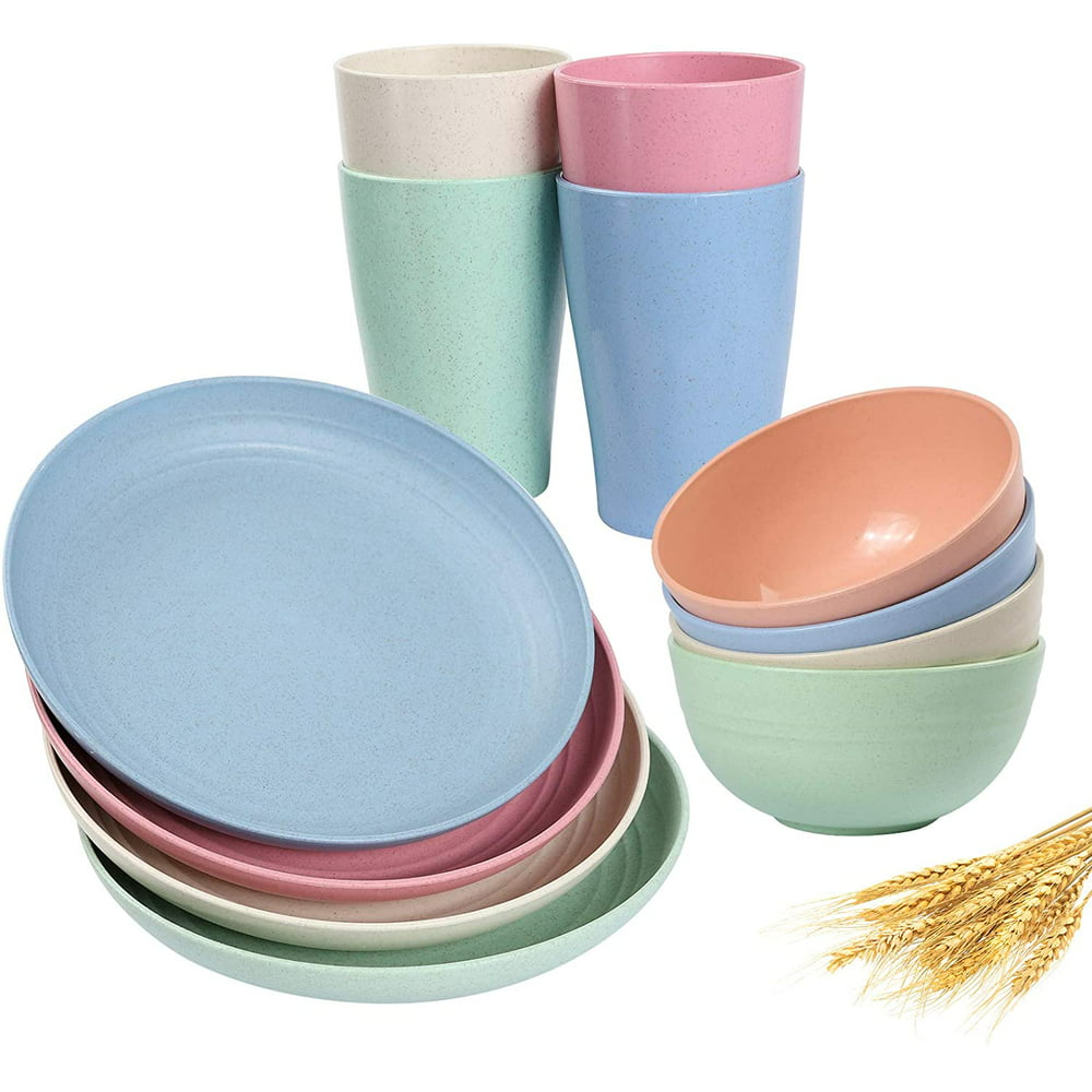 Wheat Straw Dinnerware Sets(12pcs) Multi Color-Unbreakable Microwave