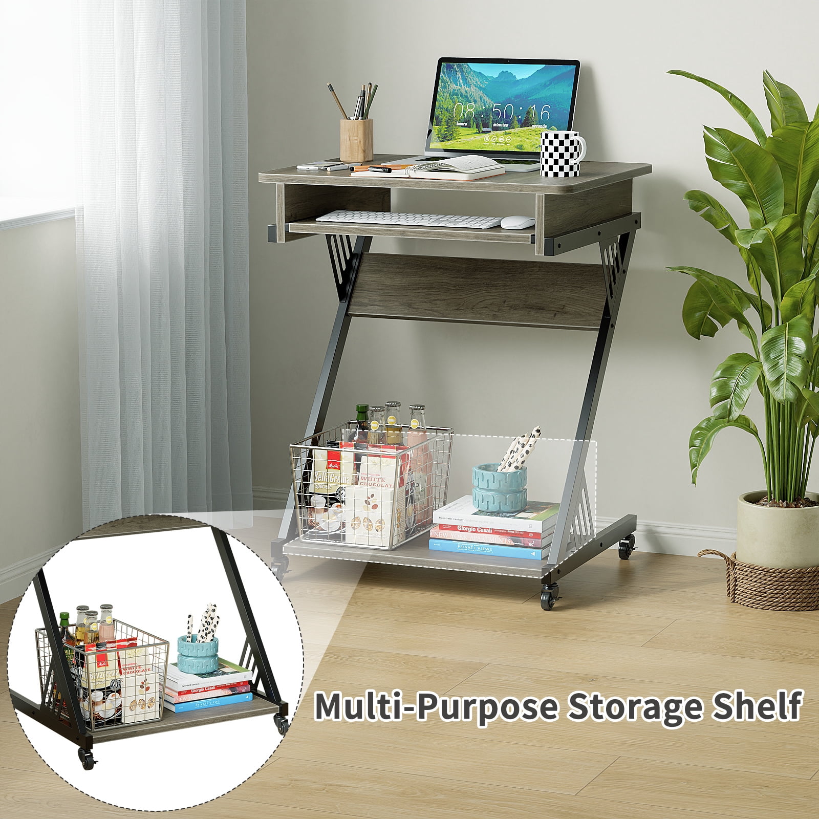 ALISENED 23.6 inch Z-Shaped Computer Desk with Smooth Keyboard Tray, with Wheels and Bottom Shelves