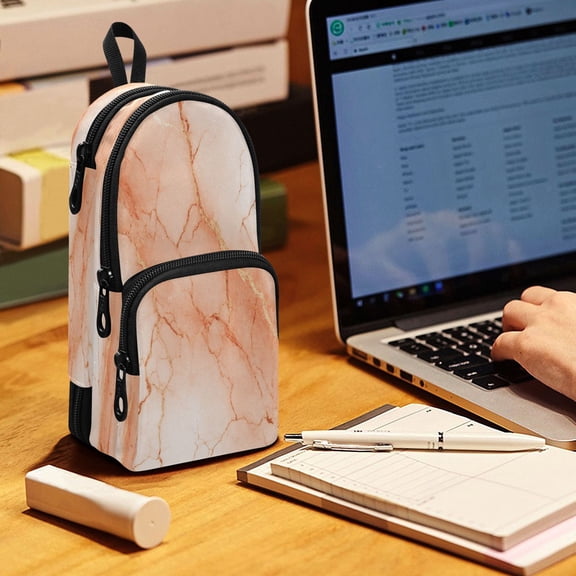 Backpack Pencil Case, 3 Compartment Large Capacity Oxford Fabric Pencil Pouch / Light Orange Marble Crack