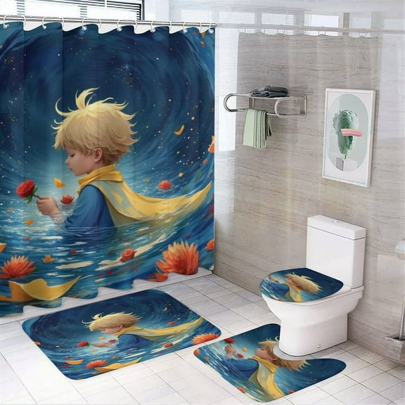 Boy with Rose in Starry Vortex Shower Curtain Bathroom Sets Toilet Lid Rug, Bath Mat And Contour Mat, Shower Curtain 4Pcs