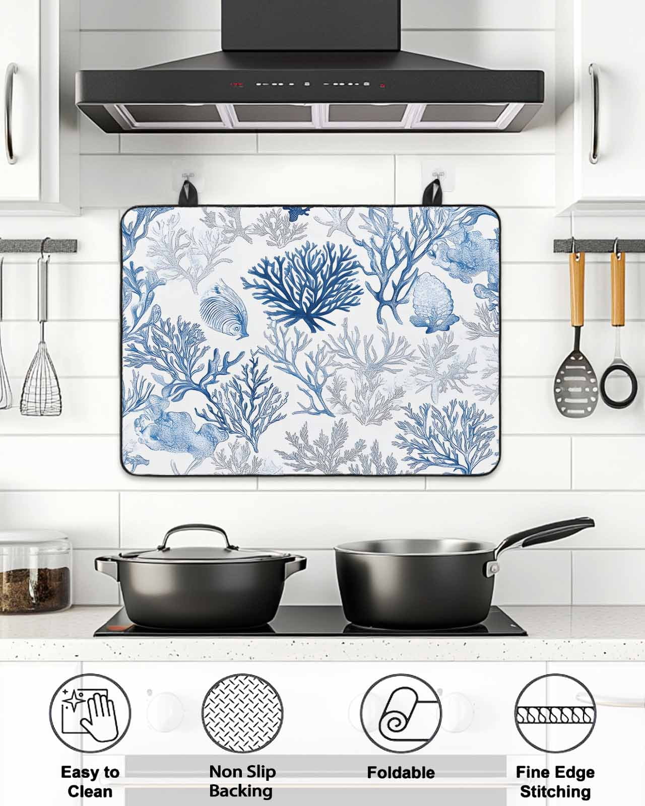 Stove Top Covers for Electric Stove, Ocean Coastal Coral Glass Stovetop Cover Protector, Blue Grey Abstract Flower Plant Fish Induction Cooktop Protector Oven Mat for Kitchen Countertop 24"x21"