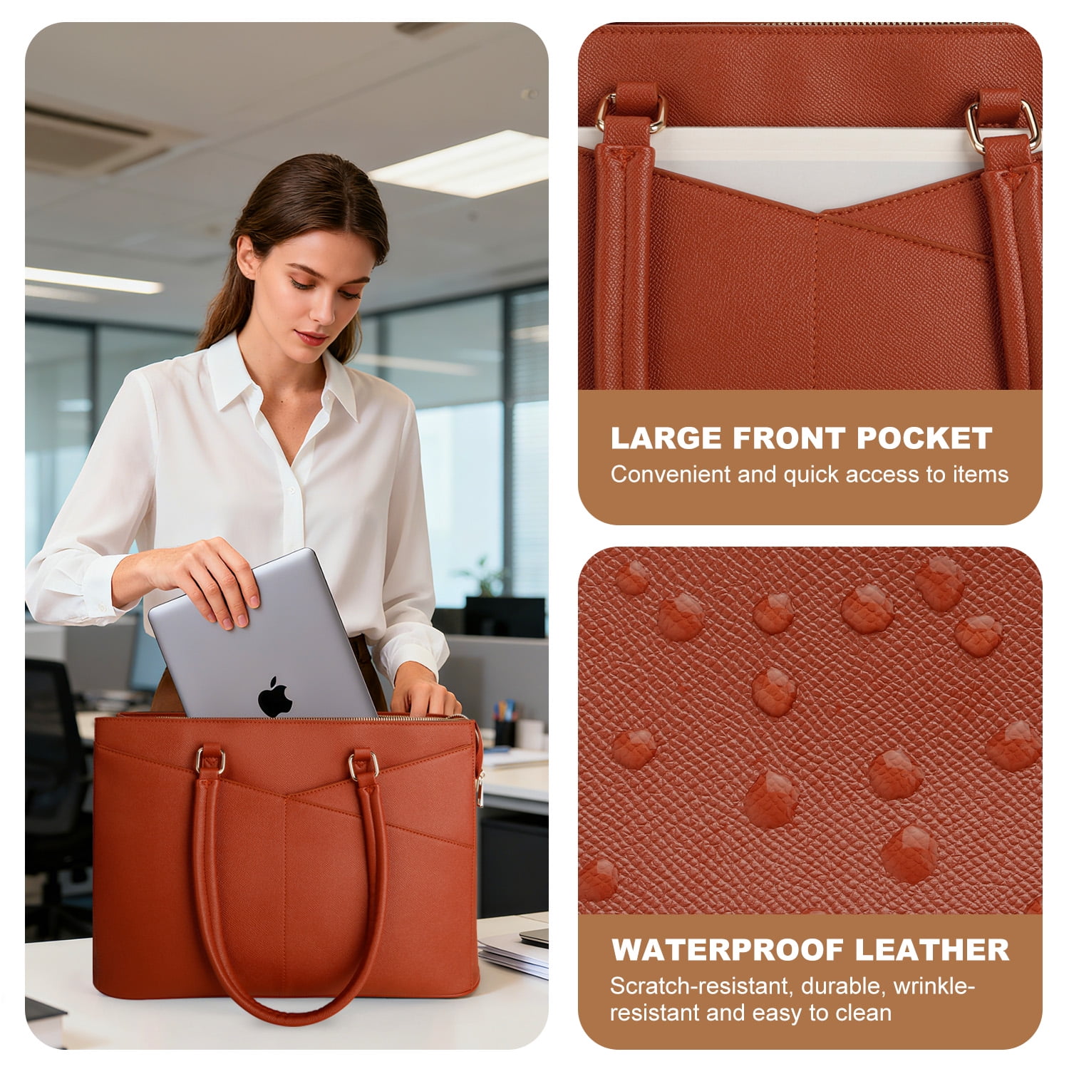 Cshidworld 15.6 Inch Waterproof Leather Laptop Bag for Women - Business Tote Briefcase for Work, Office & Travel - Brown