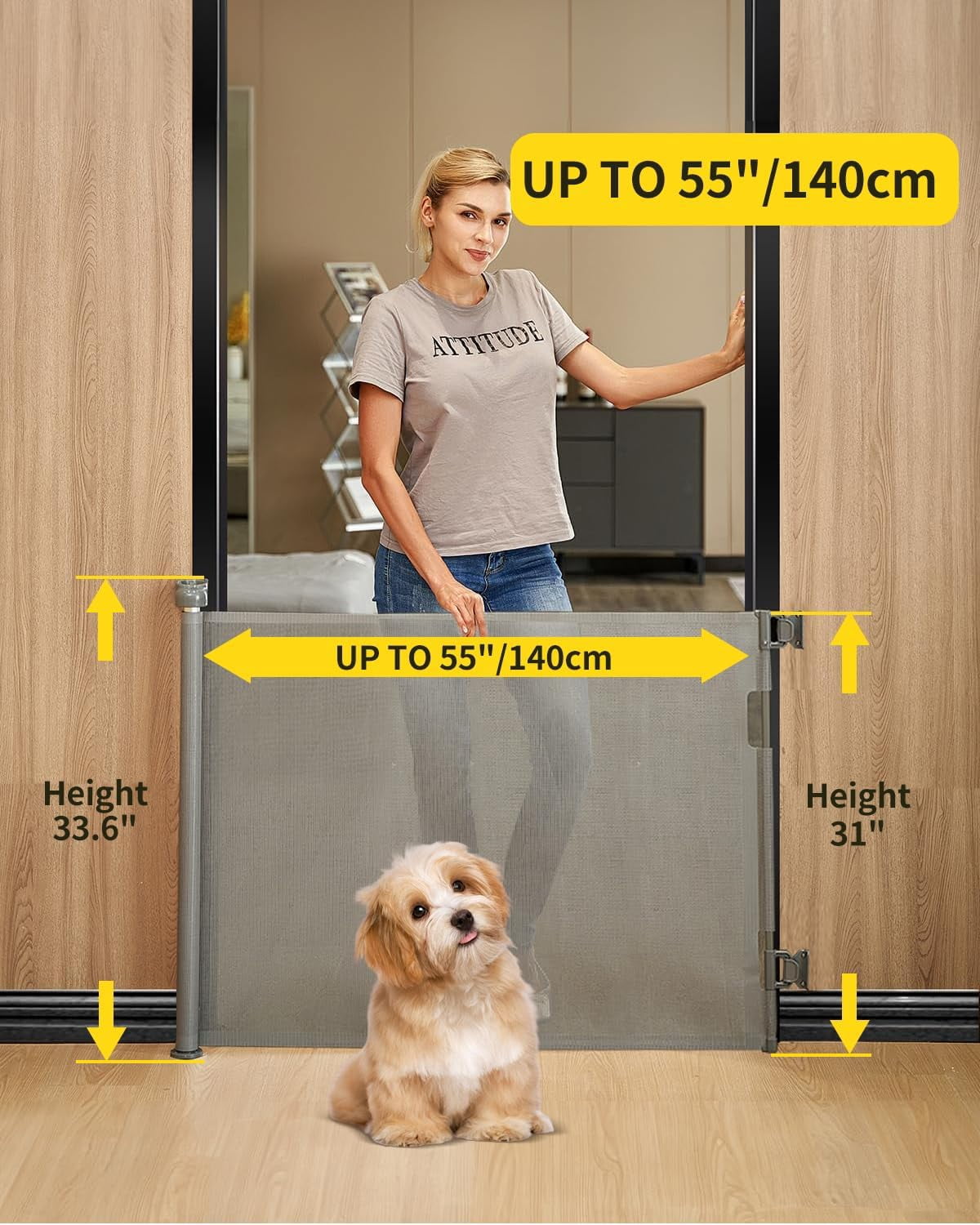 Retractable baby safety gate – width adjustable up to 55 inches – child and pet safety barrier – easy installation, safety latch, grey mesh fabric, suitable for both indoor and outdoor use.