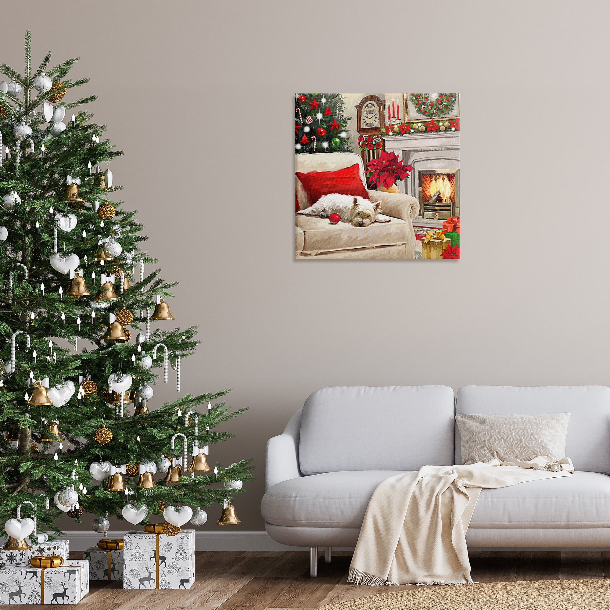 Stupell Industries Cozy Dog by Holiday Mantle Holiday Painting Gallery Wrapped Canvas Art Print Wall Art, 30 x 30