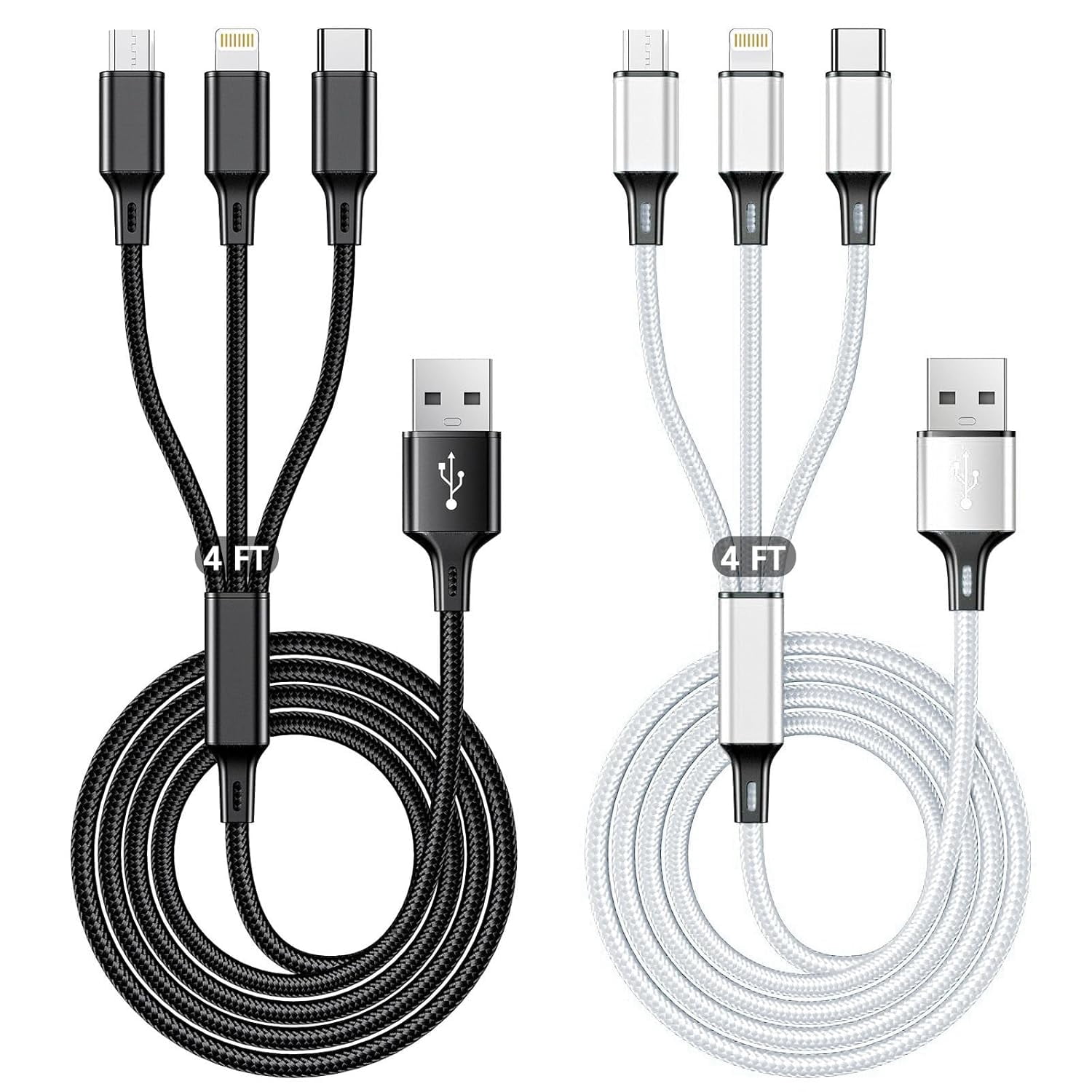 RGHJAR-Multi USB Charging Cable 3A, 3 in 1 Fast Charger Cord Connector with Dual Phone/Type C/Micro USB Port Adapter, Compatible with Tablets iPhone 14 13 12 Pro 8 7 Samsung Galaxy (4FT/2Pack Chargin