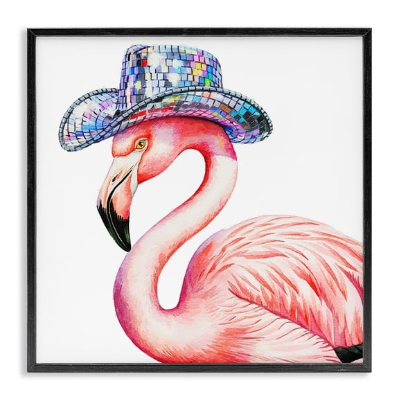 Stupell Industries Disco Hat on Flamingo Animals Painting Black Framed Art Print Wall Art, 12 x 12