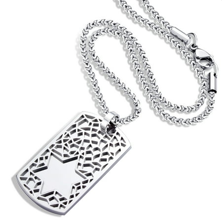 555Jewelry Stainless Steel Star of David Necklace for Men Box Chain Patterned Star Of David Necklace for Women Dog Tag Star of David Necklace Mens Jewish Star Necklace 24 Inch Silver