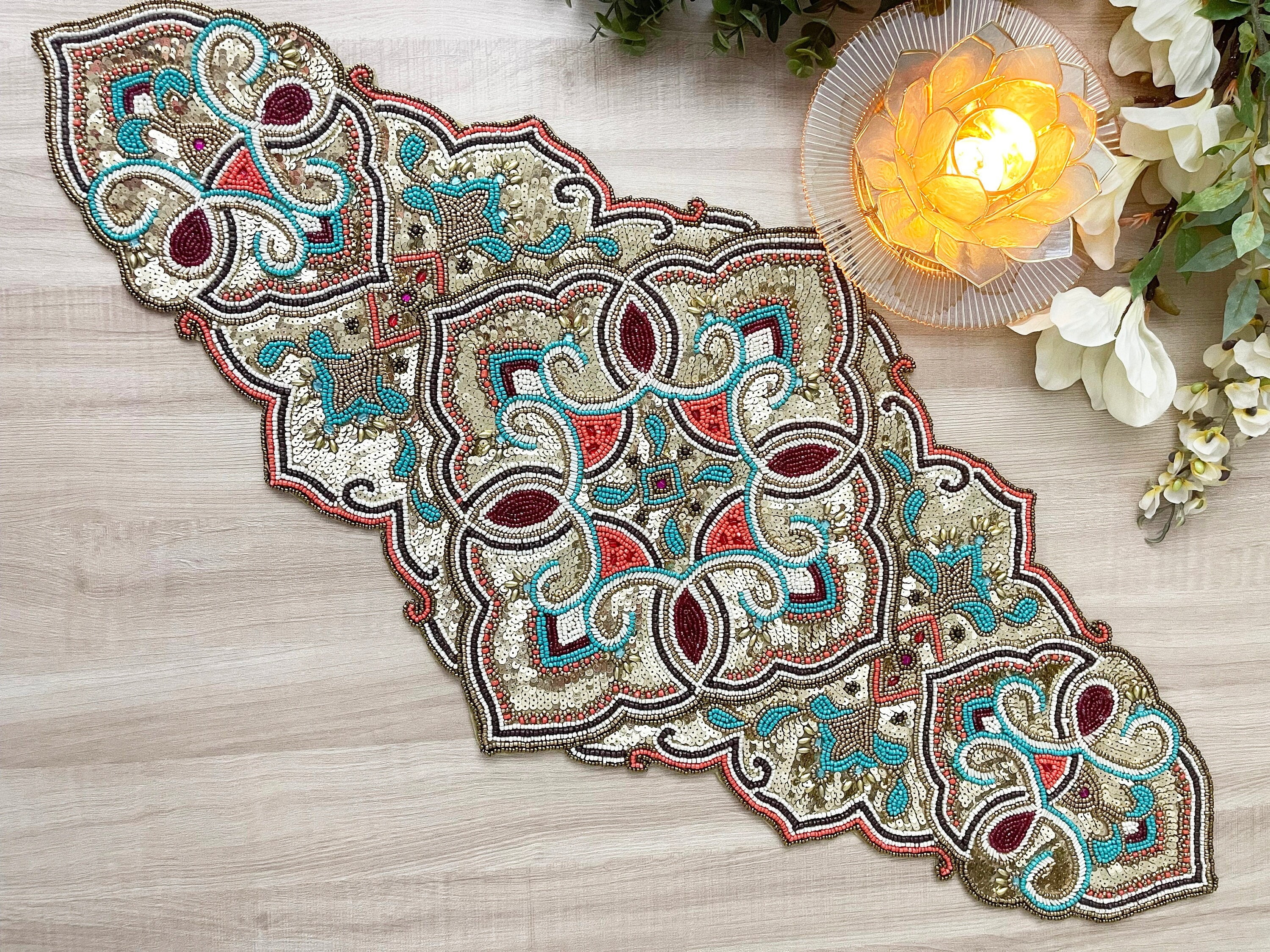Handmade table runner, luxury beaded runner, centerpiece multicolor, 13x36inch