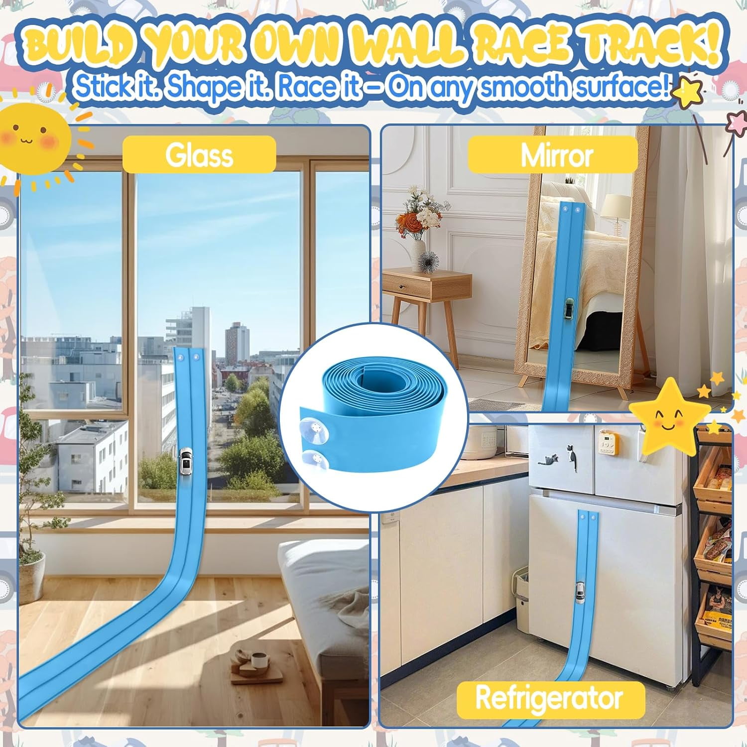 15 Ft Sky Blue Two Lane Flexible Race Car Ramp Track with Suction Cups Compatible with Hot Wheels, Matchbox, Diecast 1/50th Toy Cars Rolls Up Portable Race Track