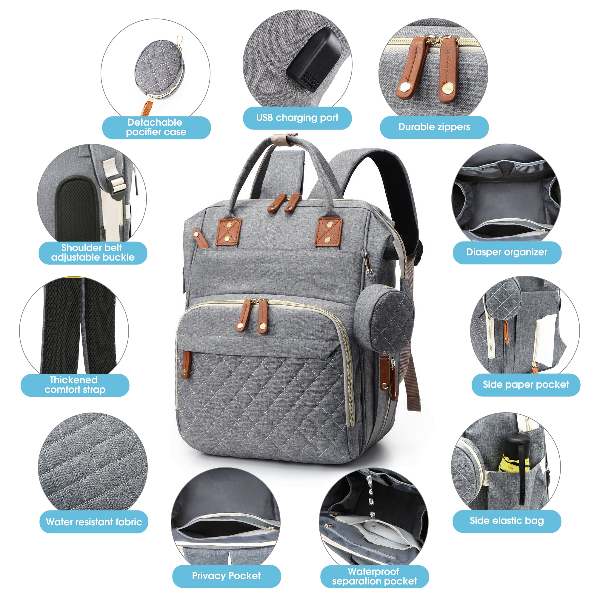 Posrue Diaper Bag Backpack, Portable Baby Bag Include Insulated Pocket, 3 In 1 Multi-Functional Travel Baby Diaper Bag with Diapers Changing Pad for Boys and Girls