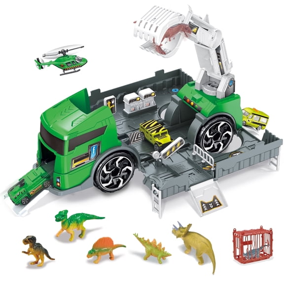 HOLYFUN Dinosaur Capture Truck Playset with Crane, Vehicles & Dino Figures, Large Toy Car Set for Kids Ages 3 , Dinosaur Pretend Play Toy for Boys & Girls