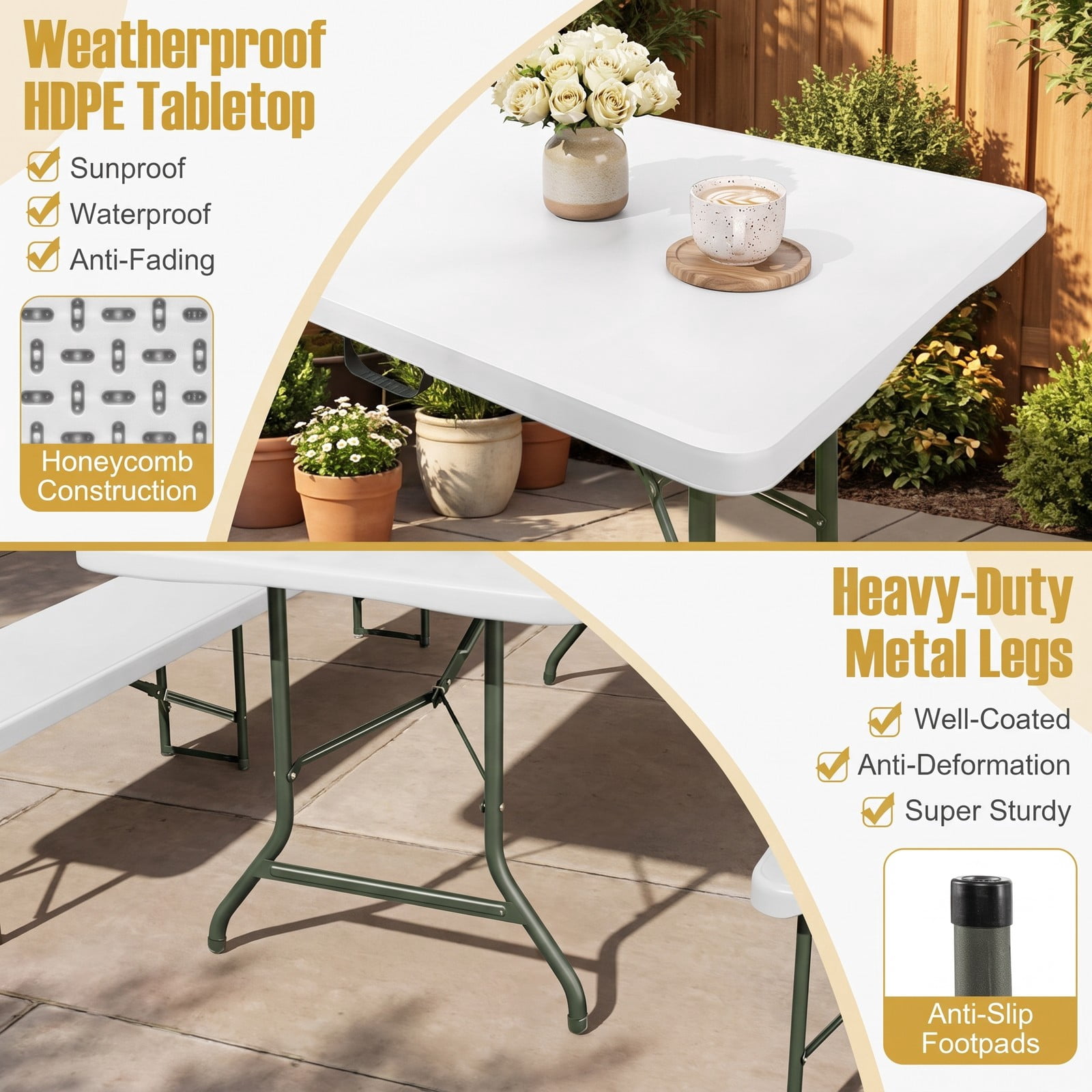 Furnibear 6 FT Portable Folding Table, 350 LBS Fold-in-Half Utility Table with Waterproof HDPE Tabletop and Carrying Handle for Picnic Camping Party Indoor, White