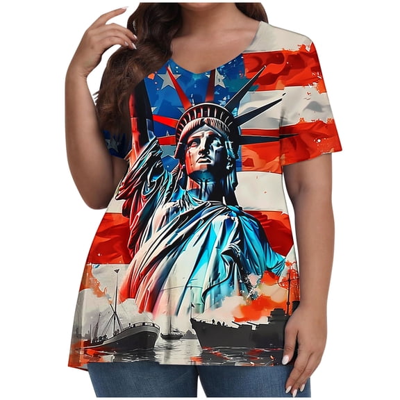 SELONE Fourth of July Print Cute Shirts for Women Star Pullover Crewneck Short Sleeve Tops Patriotic Graphic Clothes