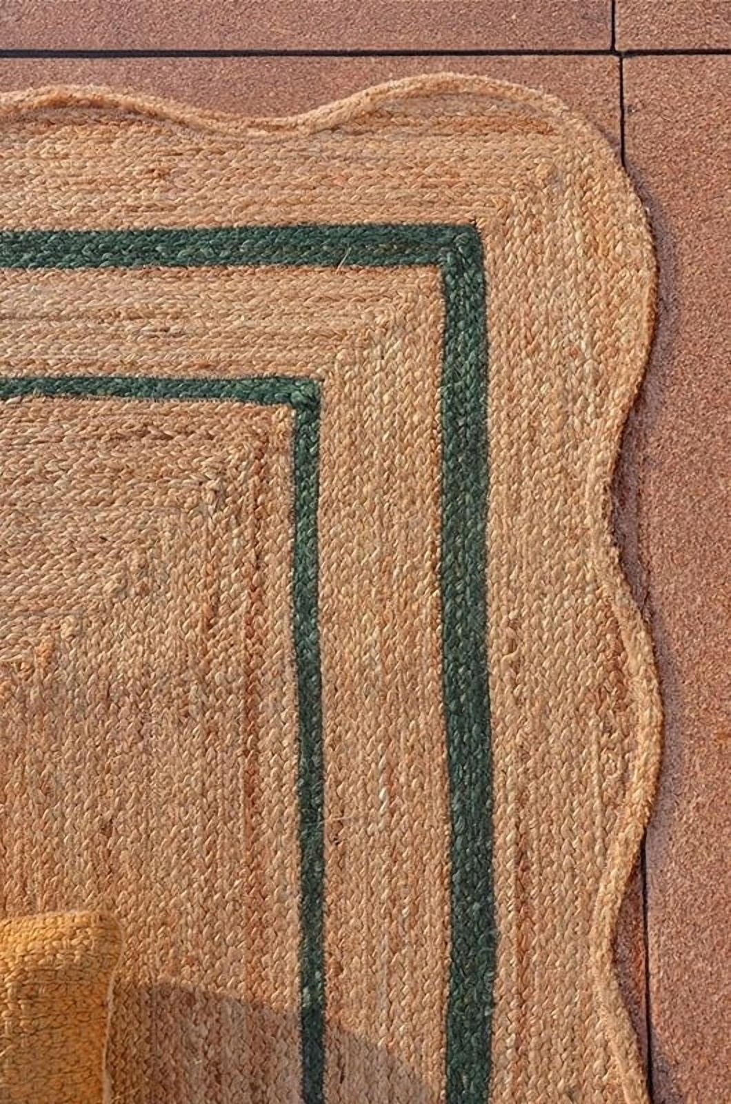3 Ft Square Green Border Premium Scalloped Jute Rug – Handcrafted Natural Braided Carpet for Living Room, Bedroom, Entryway – Boho Home Decor