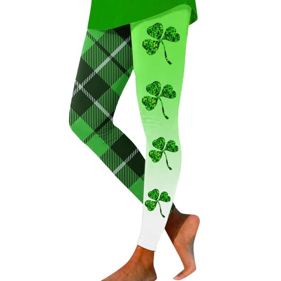 Arlun St. Patrick's Day Leggings for Women Trendy Checkered and Shamrock Printed Stretch Yoga Pants High Waisted Slim Fitting Sports Fitness Casual Leggings White XL