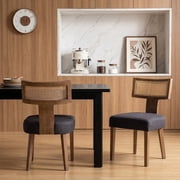 Guyou Modern Rattan Backrest Dining Chairs Set of 2, Mid-century Farmhouse Linen Upholstered Kitchen Chairs Solid Wood Side Chairs for Kitchen Dining Room Living Room, Charcoal