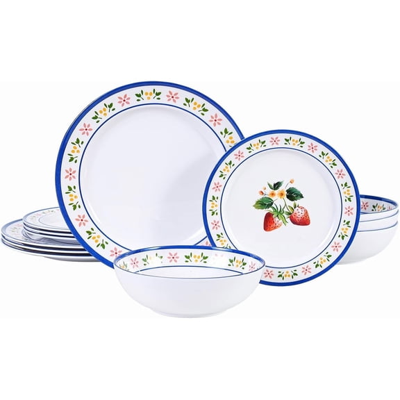 12- Melamine Dinnerware Set - Unbreakable Dish Set, Indoor and Outdoor Plates and Bowls Sets for for Picnics, Camping, RV, and Beach Parties, Service for 4(Strawberry)