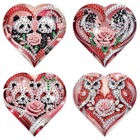 4pcs Diamond Painting Kit Bookmarks 5D DIY Panda, Leopard, Owl, Heart Shaped Sparkling Handmade Artwork For Book Lovers Perfect for Holiday Gifts