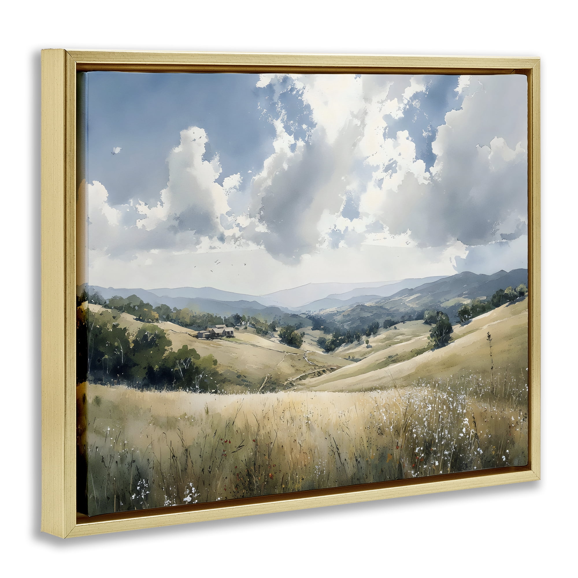 Stupell Industries Distant Hill House in Meadow Gold Framed Floater Canvas Wall Art, design by Franklyn Gregory