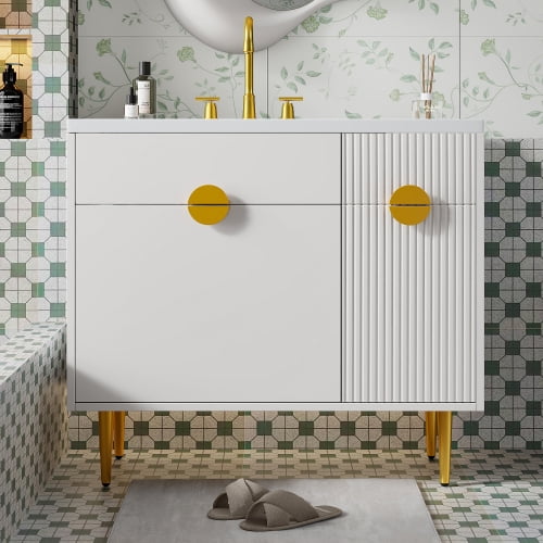 White 36 Inch Bathroom Vanity with Resin Sink Modern Storage Cabinet Soft Closing Doors for Bathroom Remodel