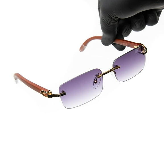 Mens Woodgrain Gold Frame Purple Gradient Tint Hip Hop Rimless Sunglasses