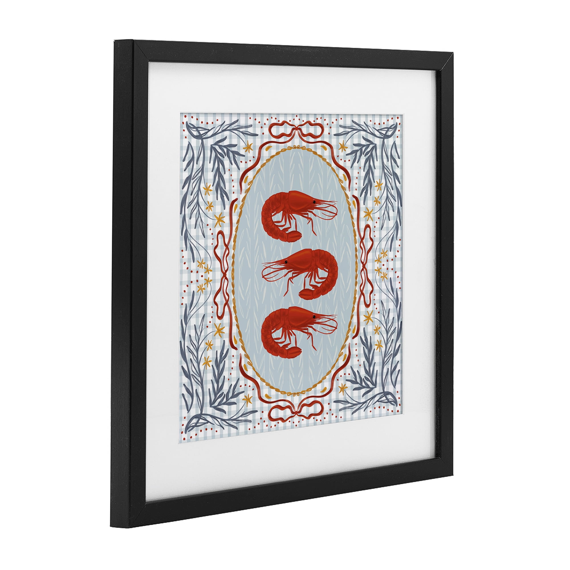 Stupell Industries Prawn Trio on Blue Gingham Black Framed Print Under Glass, design by Vero Illustrates