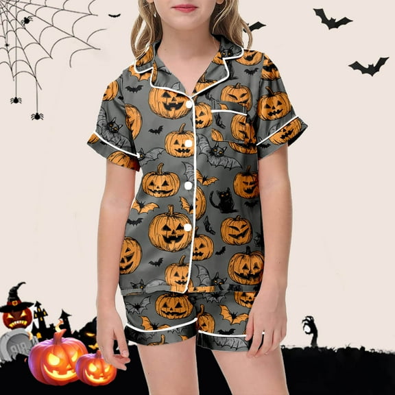 Satin Pajamas for Girls Kids Button Down Pajamas Set Casual Pajamas Set Halloween prints Trendy Clothes for Teen Girls 2T