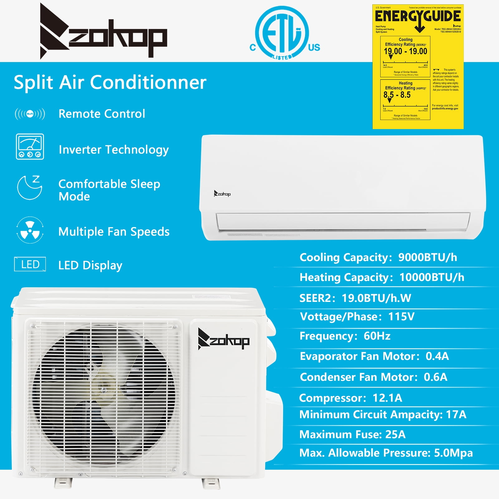 UBesGoo 9000 BTU 19 Seer Split Air Conditioner With Heat, White