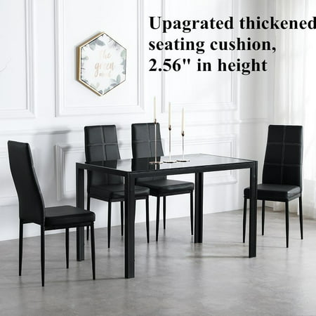Ktaxon 5 Pieces Modern Glass Dining Table Set Leather With 4 Chairs,Black