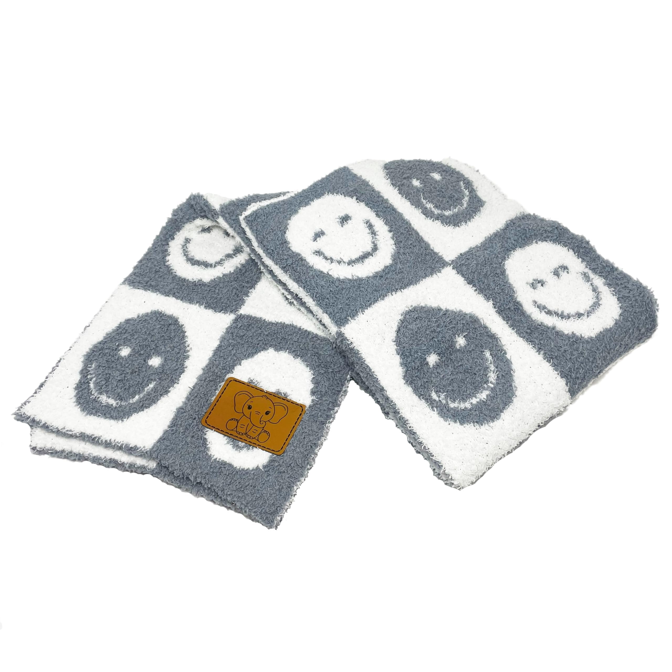 Checkered Smiley Face Baby Blanket 28"x40" with Leather Patch - Soft Knitted Throw - Receiving Blanket/Newborn Gift Gray/White