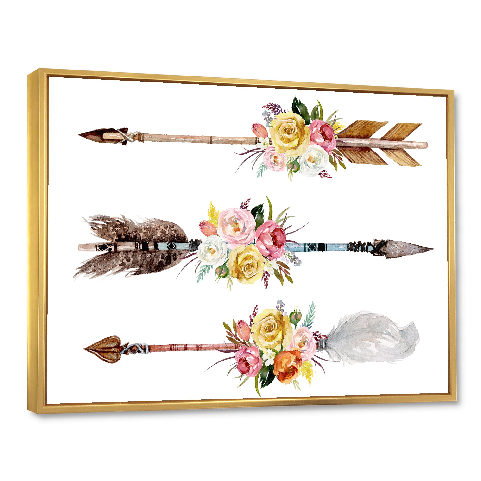 Designart 'Flowers and Ethnic Feathers On Native Arrows II' Bohemian & Eclectic Framed Canvas Wall Art Print