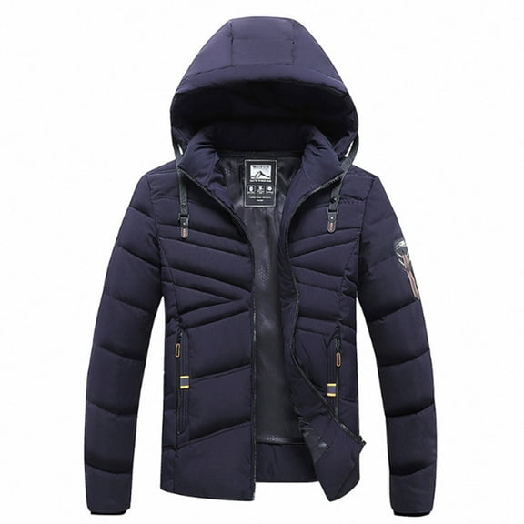 IYTR Mens Winter Jacket Long Sleeve Jacket Solid Color Zipper Hooded Neck Casual Padded Jacket with Pocket Navy XXL