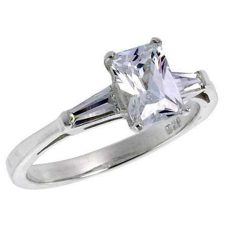 - Sterling Silver Cubic Zirconia Emerald Cut Engagement Ring Tapered Baguettes 1 ct, sizes 6 - 10