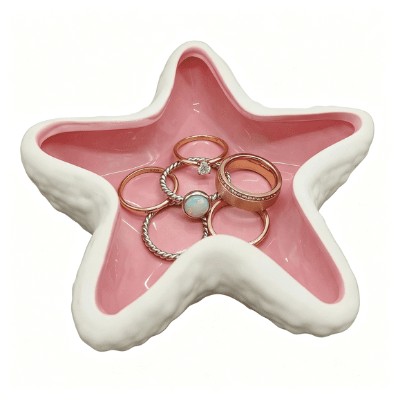 DESIGNICE Starfish Jewelry Dish Ceramic Trinket Tray - Ocean Themed Ring Holder for Earrings, Necklaces, Beach & Bathroom Organizer with Glossy Glaze, Coastal Room Decor Gift for Women,Pink