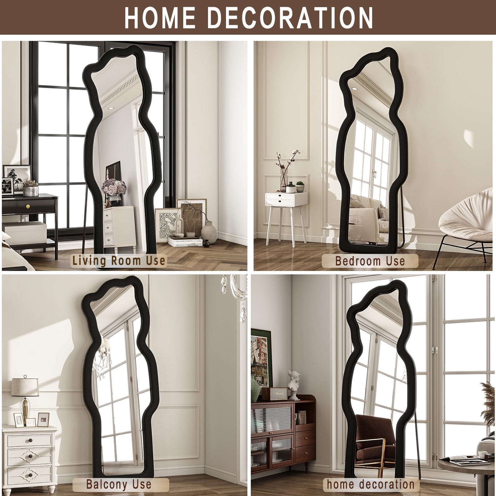 Easy4Home 63"x24" Irregular Full Length Mirror with Bear Shaped Flannel Frame Decorative Round Edge Floor Mirror, Black