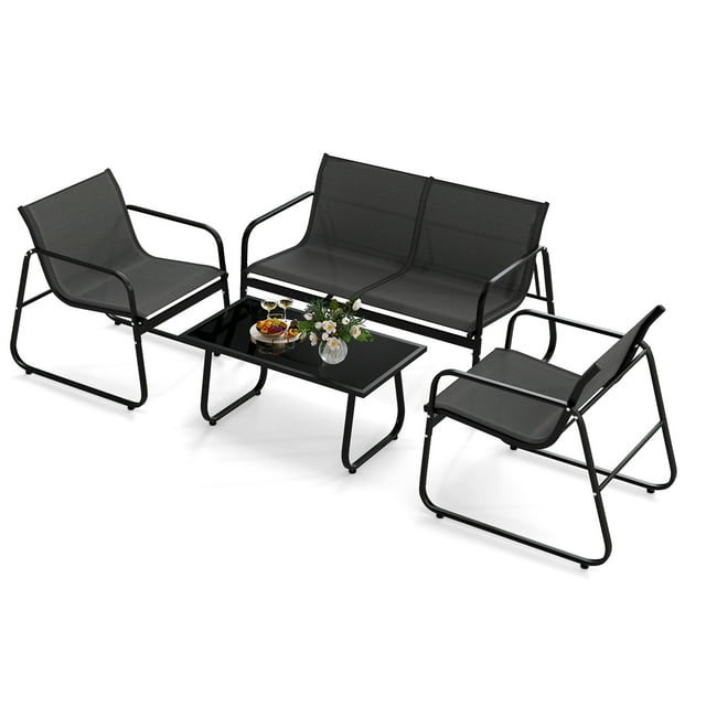 Patiojoy 4 Piece Outdoor Furniture Set Patio Metal Conversation Chair & Coffee Table w/ Mesh Seat Fabric & Tempered Glass Tabletop