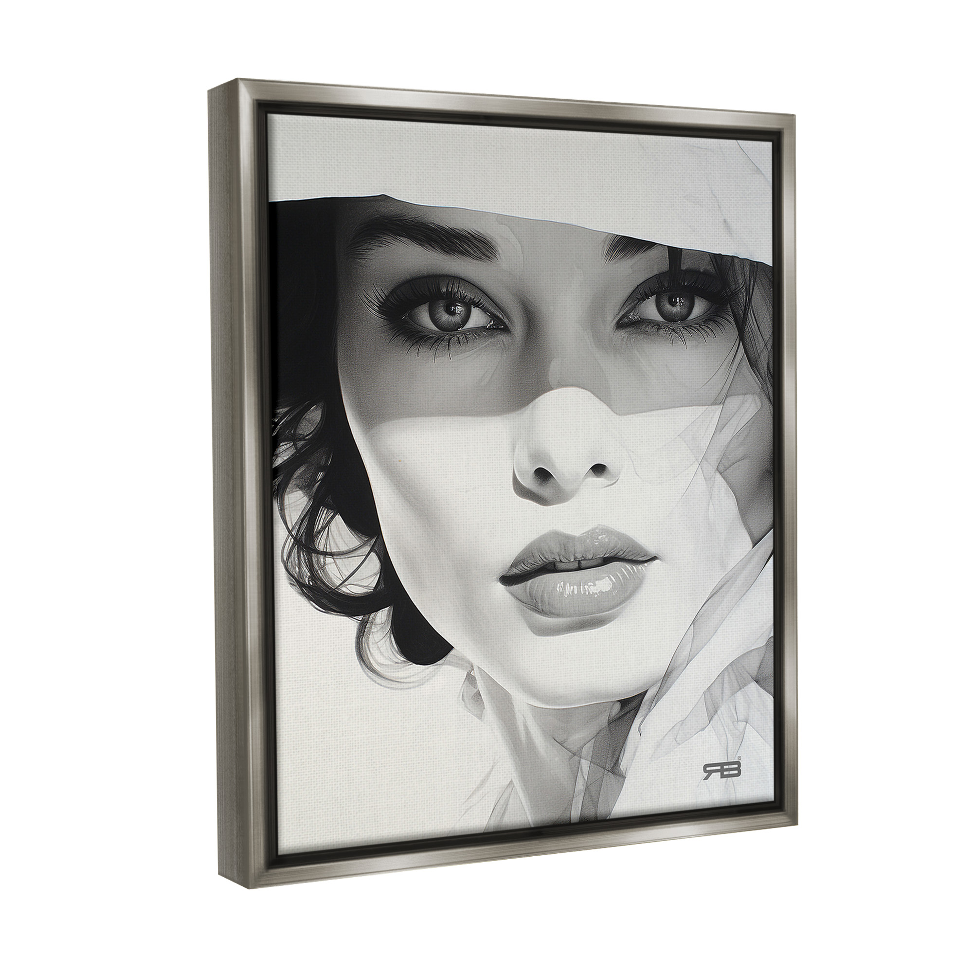 Stupell Industries Close Up Fashion Portrait Beauty & Fashion Painting Gray Floater Framed Canvas Art Print Wall Art, 25 x 31