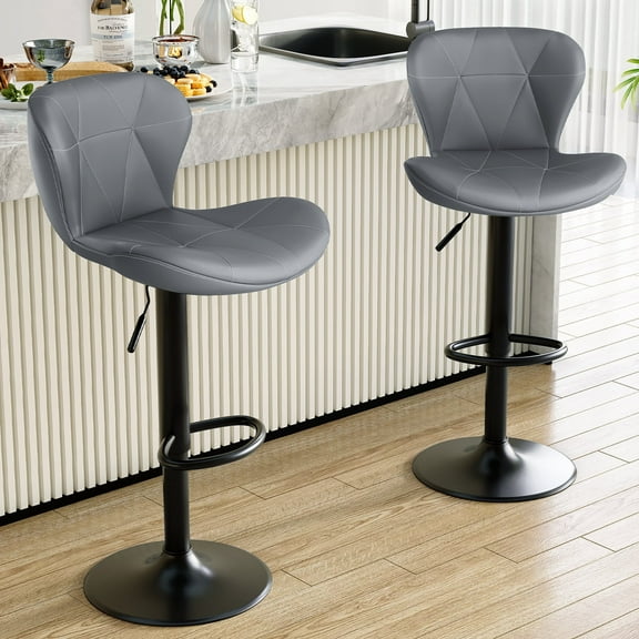Arlopu Adjustable Bar Stools Set of 2, Swivel Metal Bar Stools with Back and Footrest, PU Leather, Counter Height Barstools for Bar/Kitchen/Dining Room