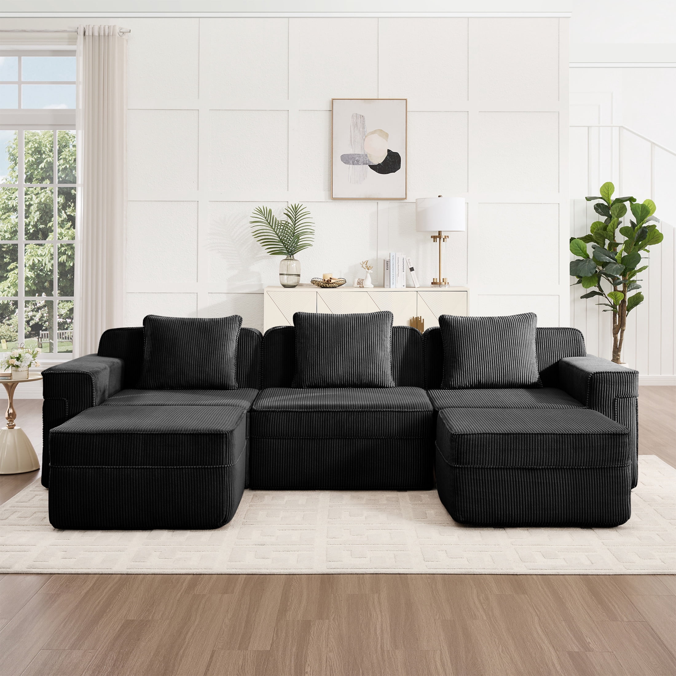 Noble House 3-Seat L-Shape Cloud Sectional Sofa, Boneless Design, Throw Pillows & 2Movable Ottoman, Corduroy Fabric,Black