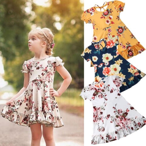 Toddler Kids Baby Girls Summer Florals Print Ruffled Party Casual Dress Sundress 