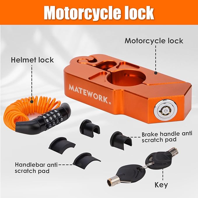 Heavy Duty Anti-Theft Motorcycle Lock with Helmet Lock, Handlebar & Brake Lock, Bike Lock, Universal for All Bike and Motorcycles - Orange