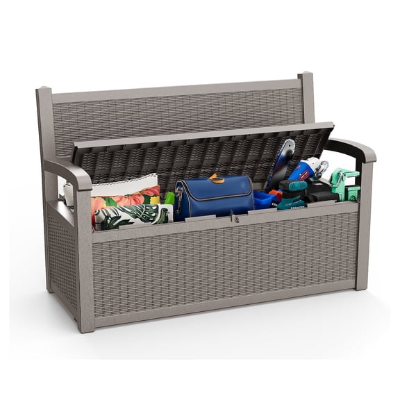 EasyUp 80 Gallon Storage Bench Deck Box Waterproof Lockable,Outdoor Storage Furniture for Patio,Garden and Porch,Tools and Cushions（Gray）