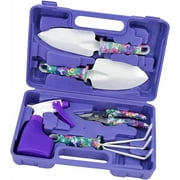 GoXteam Garden Tools Set, 5 Pieces Gardening Tools with Purple Floral Print, Including Non-Slip Rubber Grip, Anti-Rust Trowel, Cultivator, Pruning Shear, Water Sprayer and Case, Great Gift