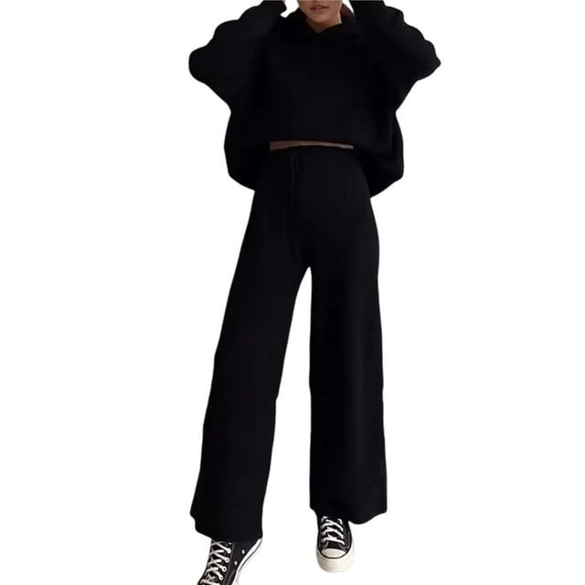 Conjunto de Dos Piezas para Mujer, Suéter Informal de Punto con Capucha y Pantalones Rectos, Ropa de Viaje para el Otoño. Negro L